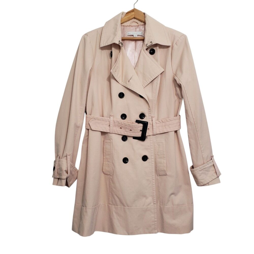 New York & Company Women's Double Breasted, Belted Pink Trench Coat, Size Large